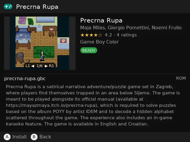A game page with screenshots, star rating, system and description