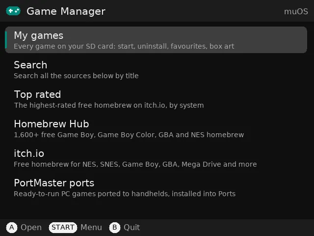 Game Manager home screen with My games, Search, Top rated and the game sources