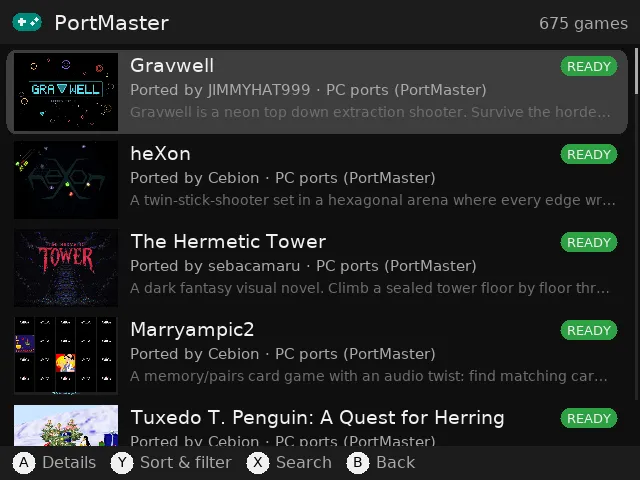 PortMaster ports list with covers and READY badges
