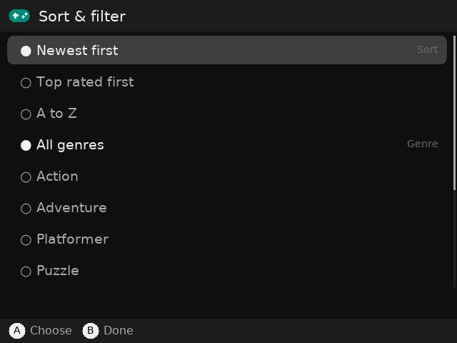 Sort and filter screen with sort order and genres